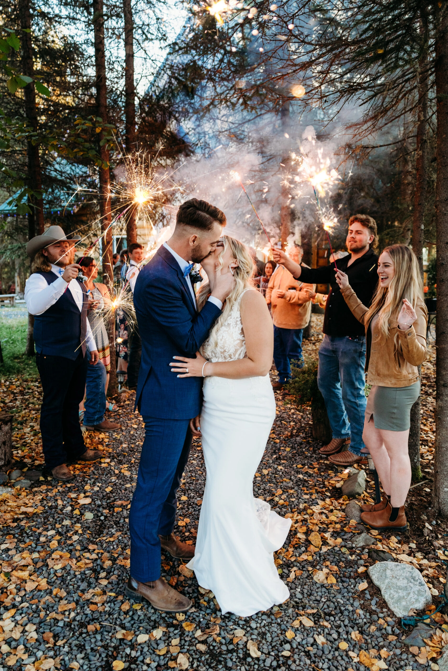 Alaska bride and groom celebrating intimate wilderness wedding